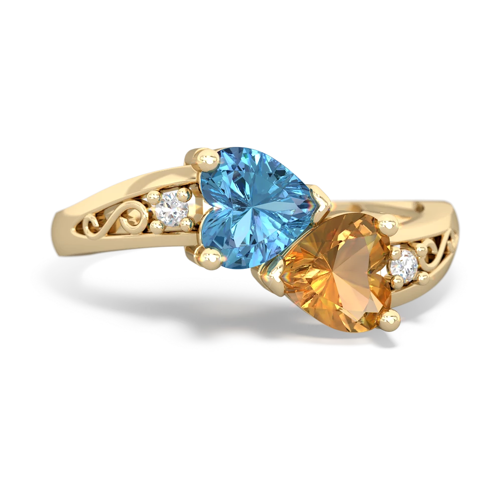 Blue Topaz Snuggling Hearts 14K Yellow Gold ring R2178