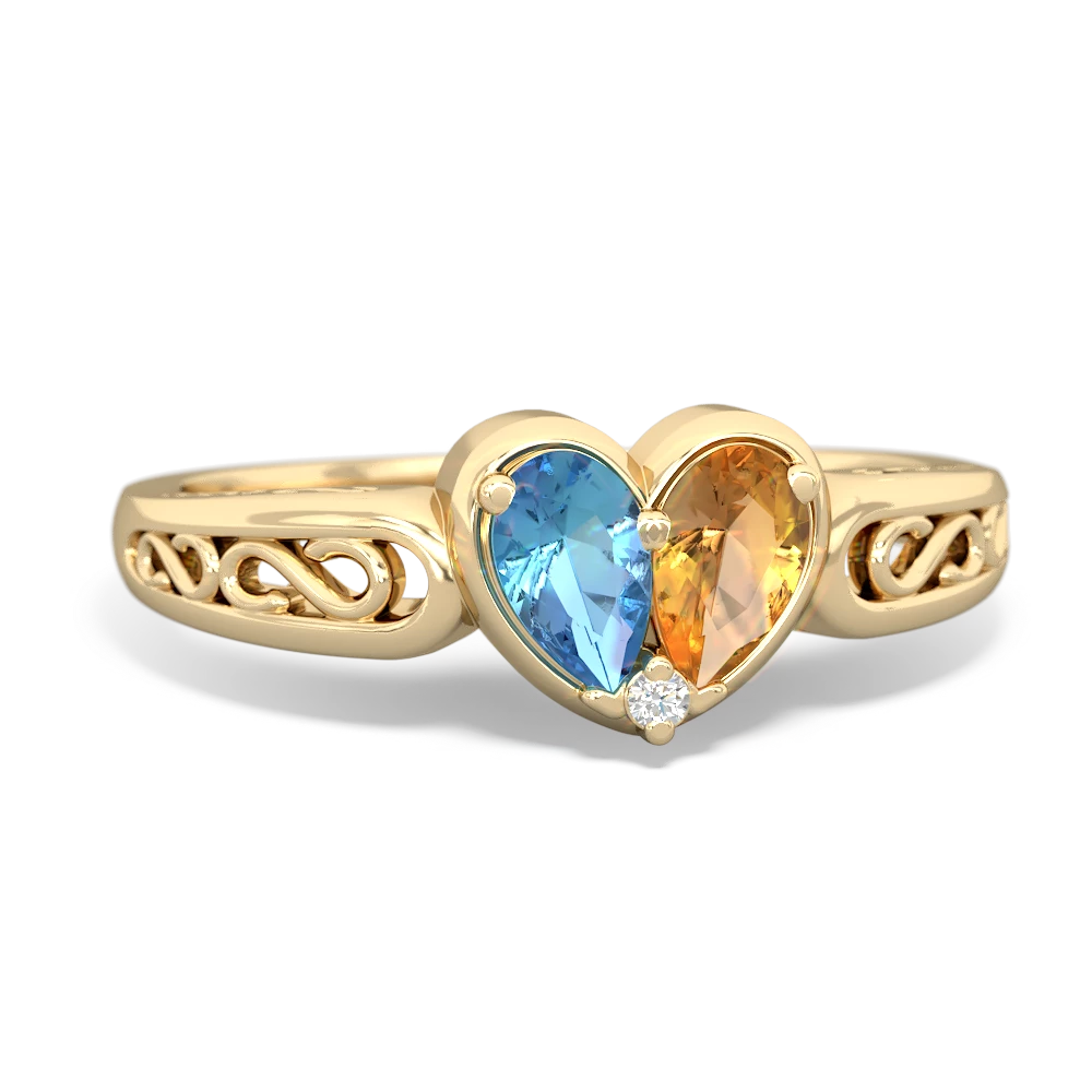 Blue Topaz Filligree 'One Heart' 14K Yellow Gold ring R5070