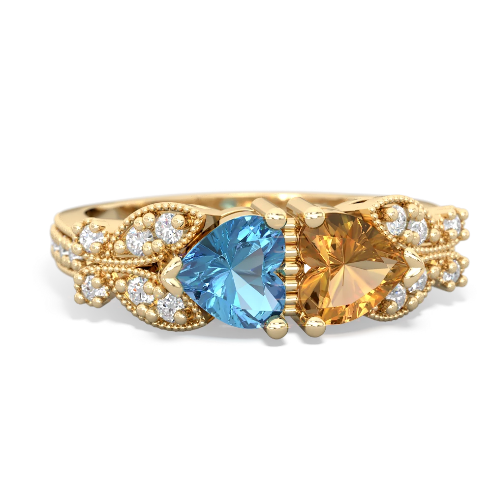 Blue Topaz Diamond Butterflies 14K Yellow Gold ring R5601