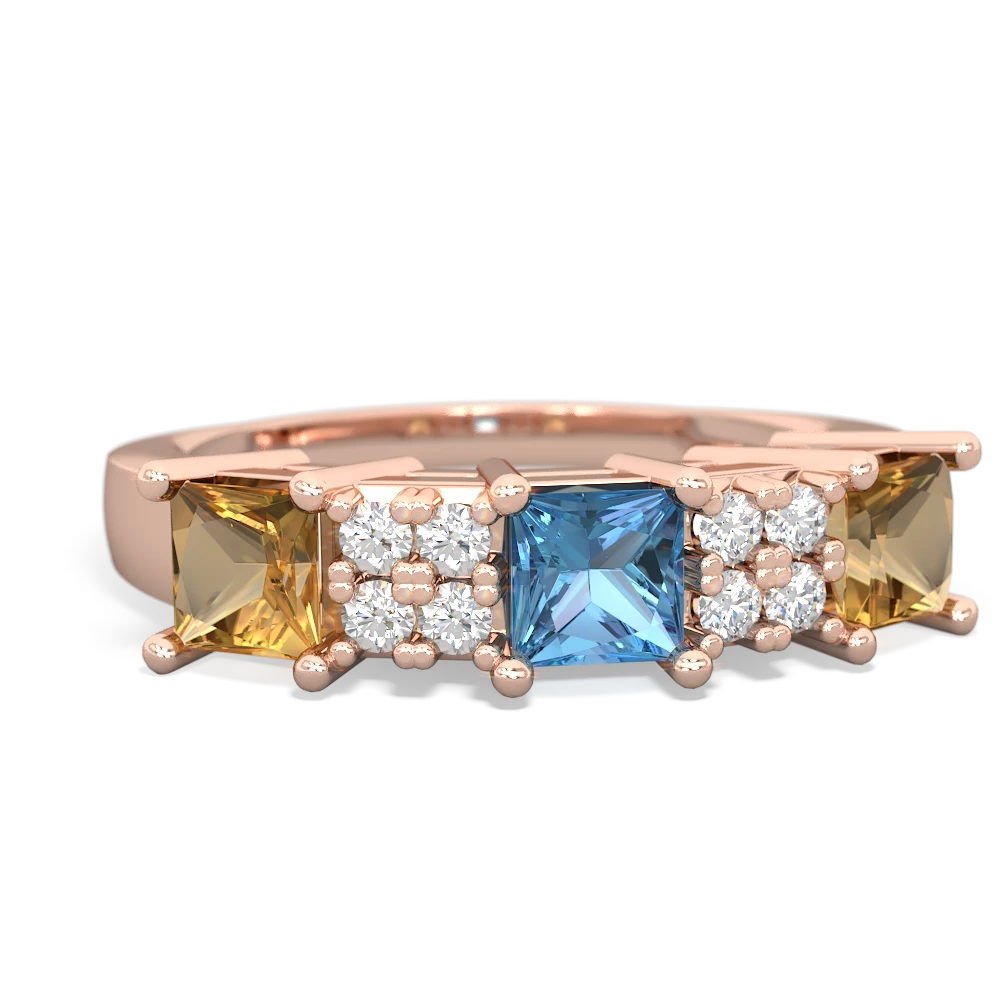 Blue Topaz Three Stone Diamond Cluster 14K Rose Gold ring R2592