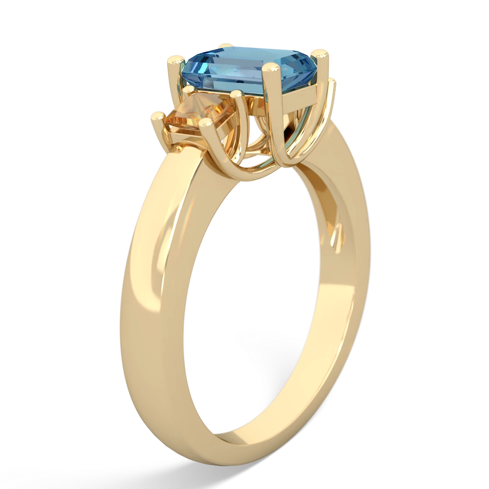 Blue Topaz Three Stone Emerald-Cut Trellis 14K Yellow Gold ring R4021