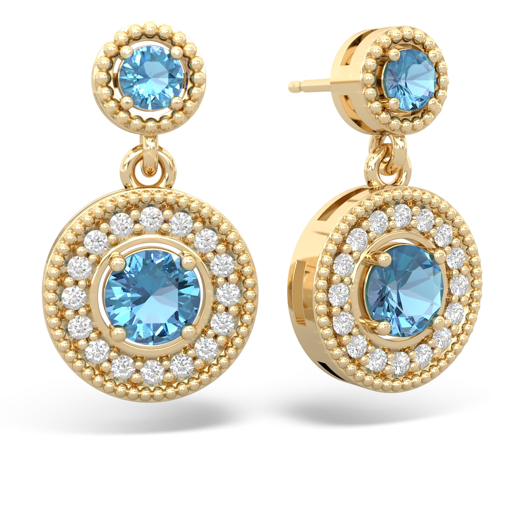 Blue Topaz Halo Dangle 14K Yellow Gold earrings E5319