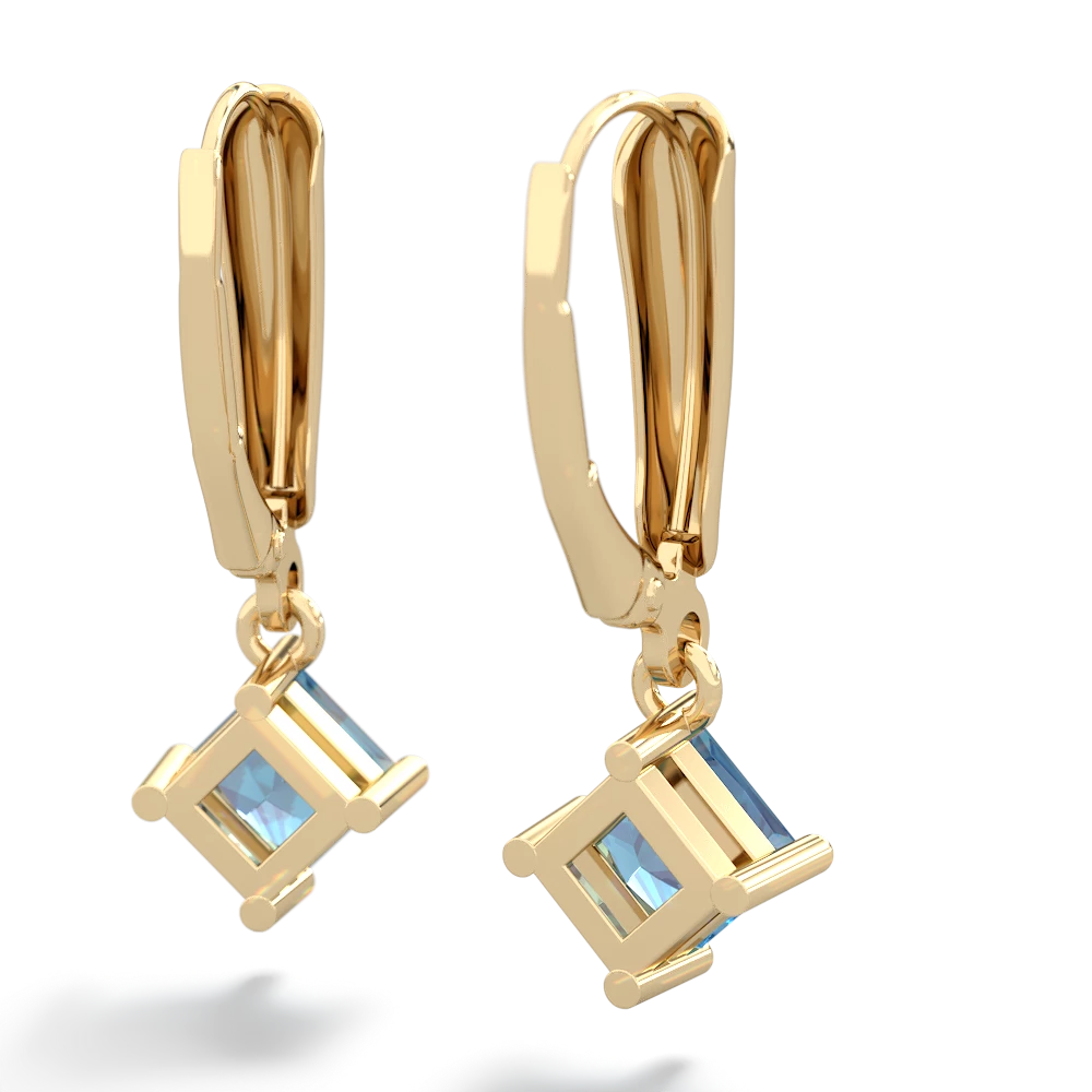 Blue Topaz 6Mm Princess Lever Back 14K Yellow Gold earrings E2789