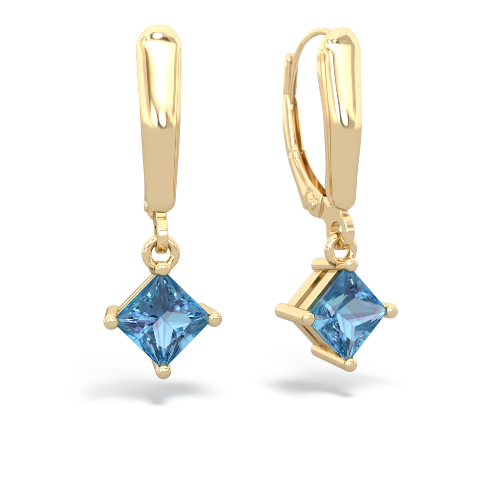Blue Topaz 6Mm Princess Lever Back 14K Yellow Gold earrings E2789