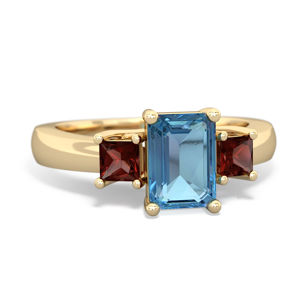 Blue Topaz Three Stone Emerald-Cut Trellis 14K Yellow Gold ring R4021