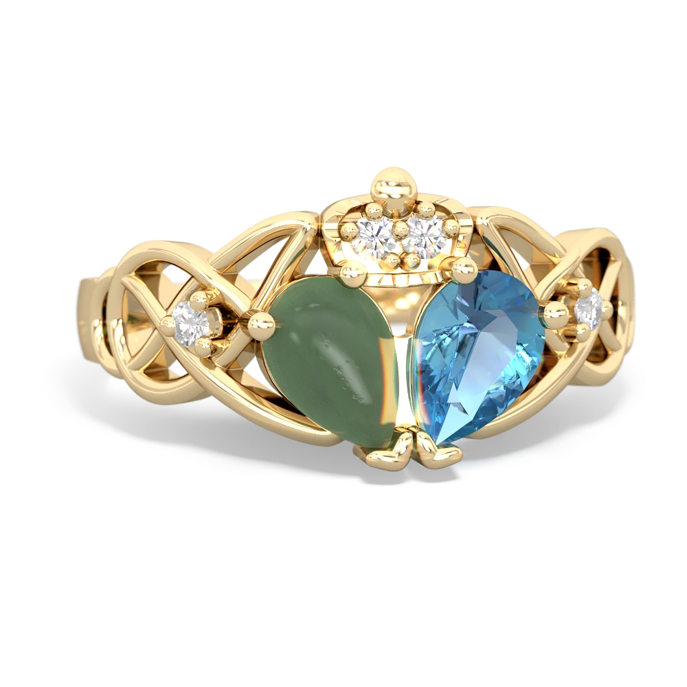 Blue Topaz 'One Heart' Celtic Knot Claddagh 14K Yellow Gold ring R5322