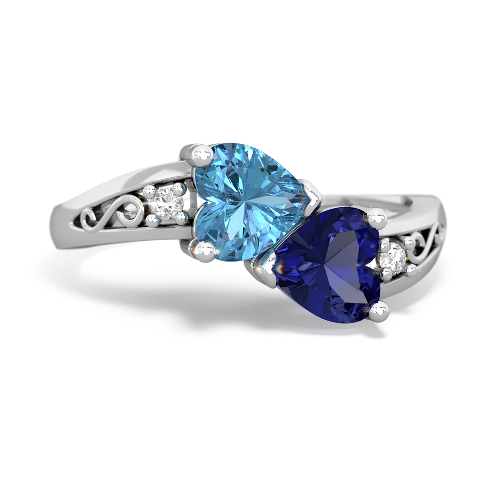 Blue Topaz Snuggling Hearts 14K White Gold ring R2178