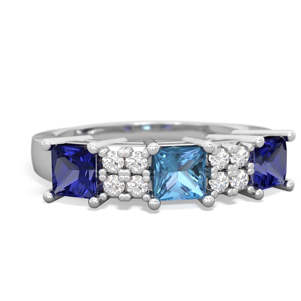 Blue Topaz Three Stone Diamond Cluster 14K White Gold ring R2592