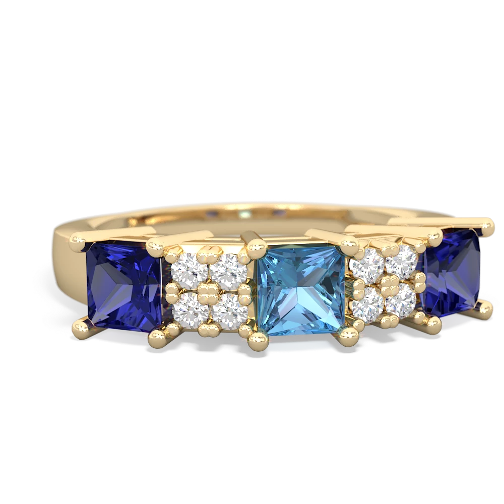 Blue Topaz Three Stone Diamond Cluster 14K Yellow Gold ring R2592