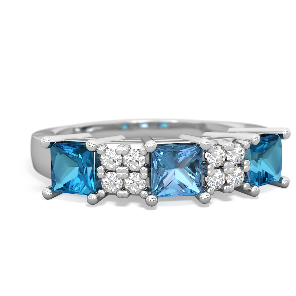 Blue Topaz Three Stone Diamond Cluster 14K White Gold ring R2592