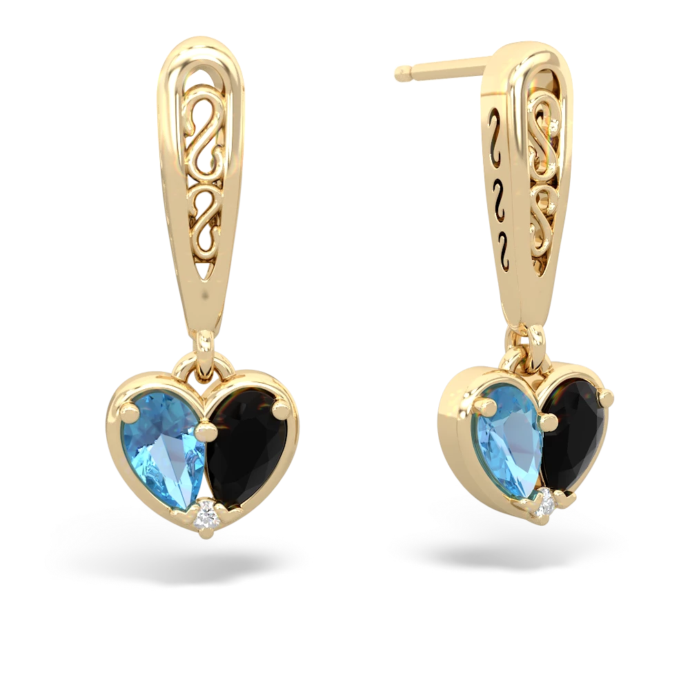 Blue Topaz Filligree Heart 14K Yellow Gold earrings E5070