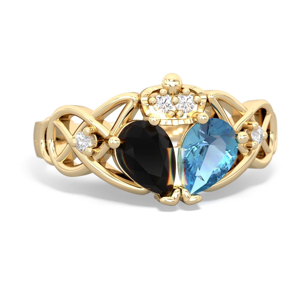 Blue Topaz 'One Heart' Celtic Knot Claddagh 14K Yellow Gold ring R5322