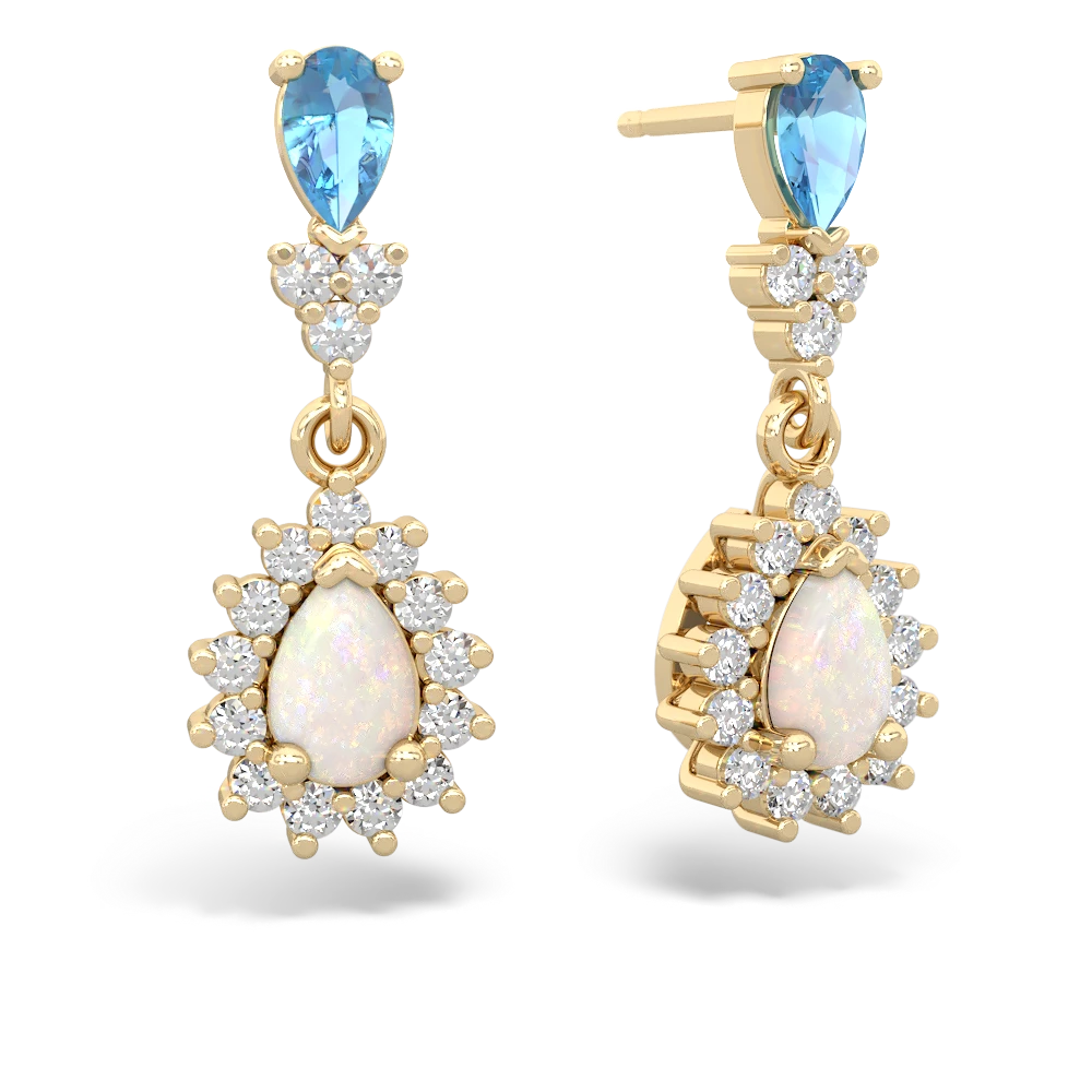 Blue Topaz Halo Pear Dangle 14K Yellow Gold earrings E1882