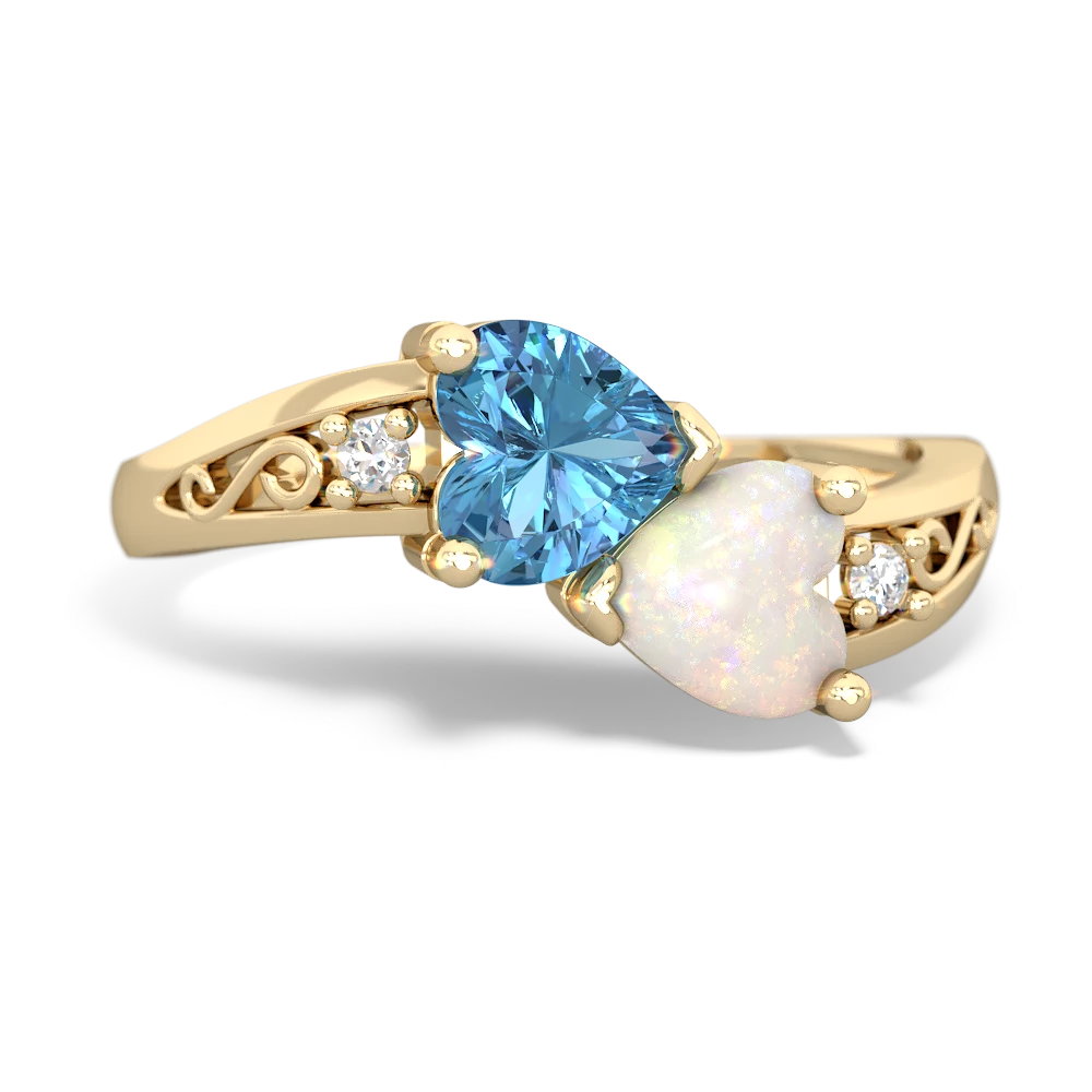 Blue Topaz Snuggling Hearts 14K Yellow Gold ring R2178