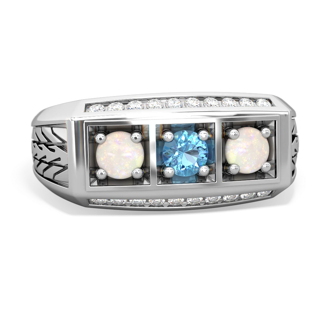 Blue Topaz Three Stone Tire Tread Men's 14K White Gold ring R0520