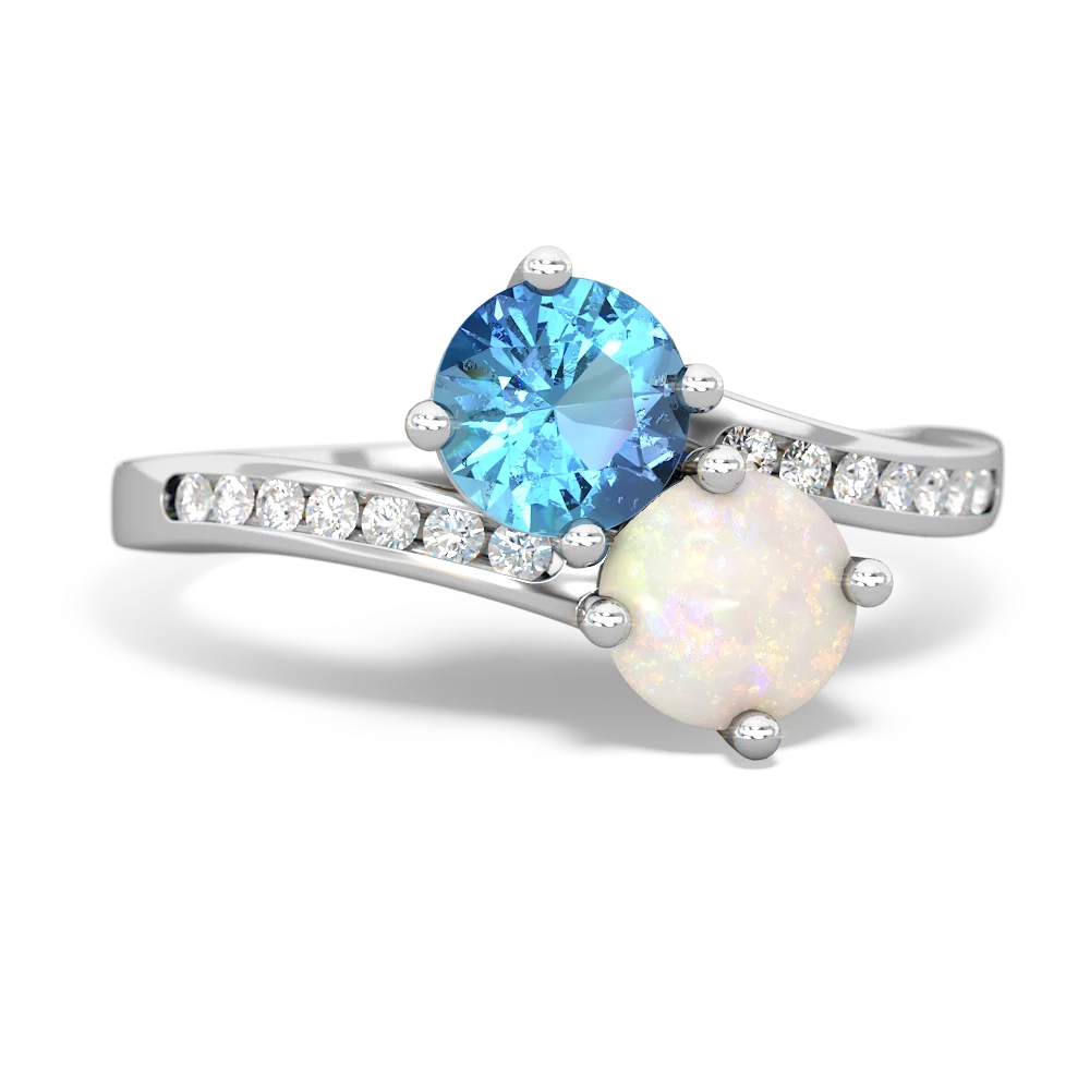 Blue Topaz Opal Channel Set Two Stone ring 14K White Gold JewelsForMe