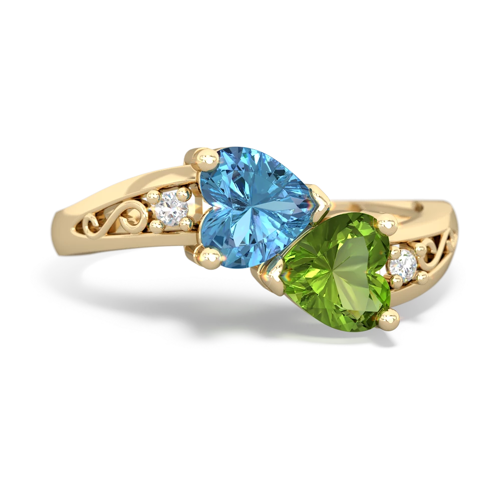 Blue Topaz Snuggling Hearts 14K Yellow Gold ring R2178