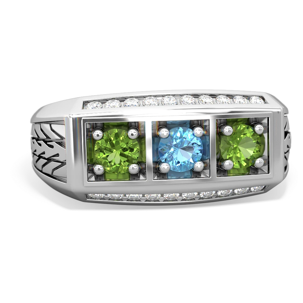 Blue Topaz Three Stone Tire Tread Men's 14K White Gold ring R0520