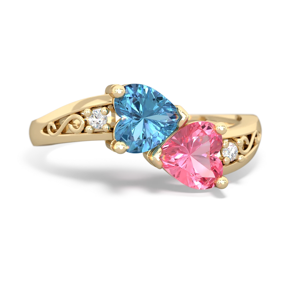 Blue Topaz Snuggling Hearts 14K Yellow Gold ring R2178