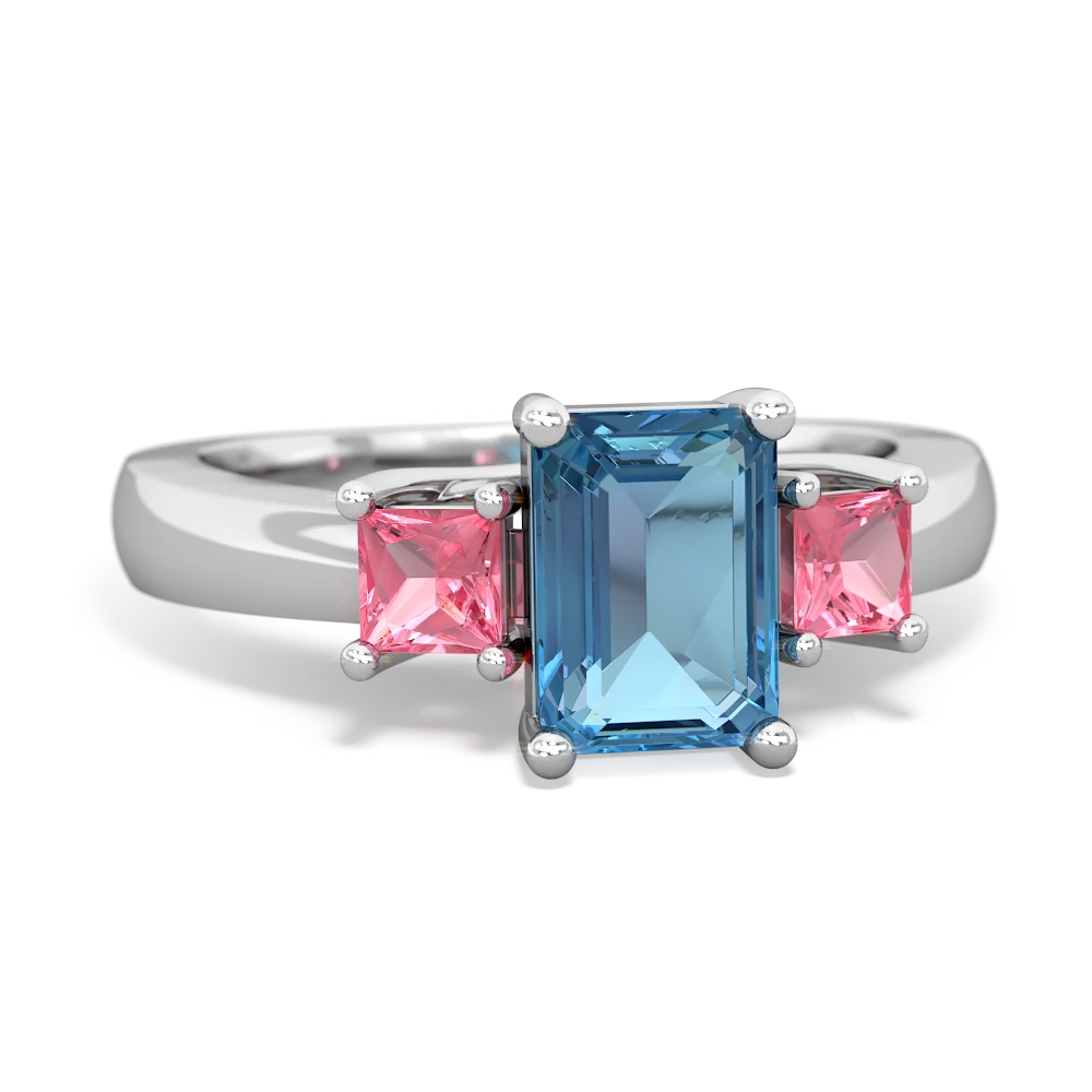 Blue Topaz Three Stone Emerald-Cut Trellis 14K White Gold ring R4021