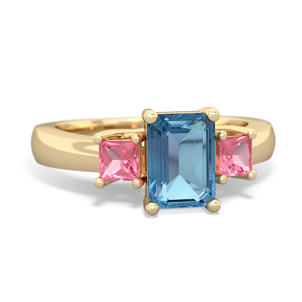 Blue Topaz Three Stone Emerald-Cut Trellis 14K Yellow Gold ring R4021