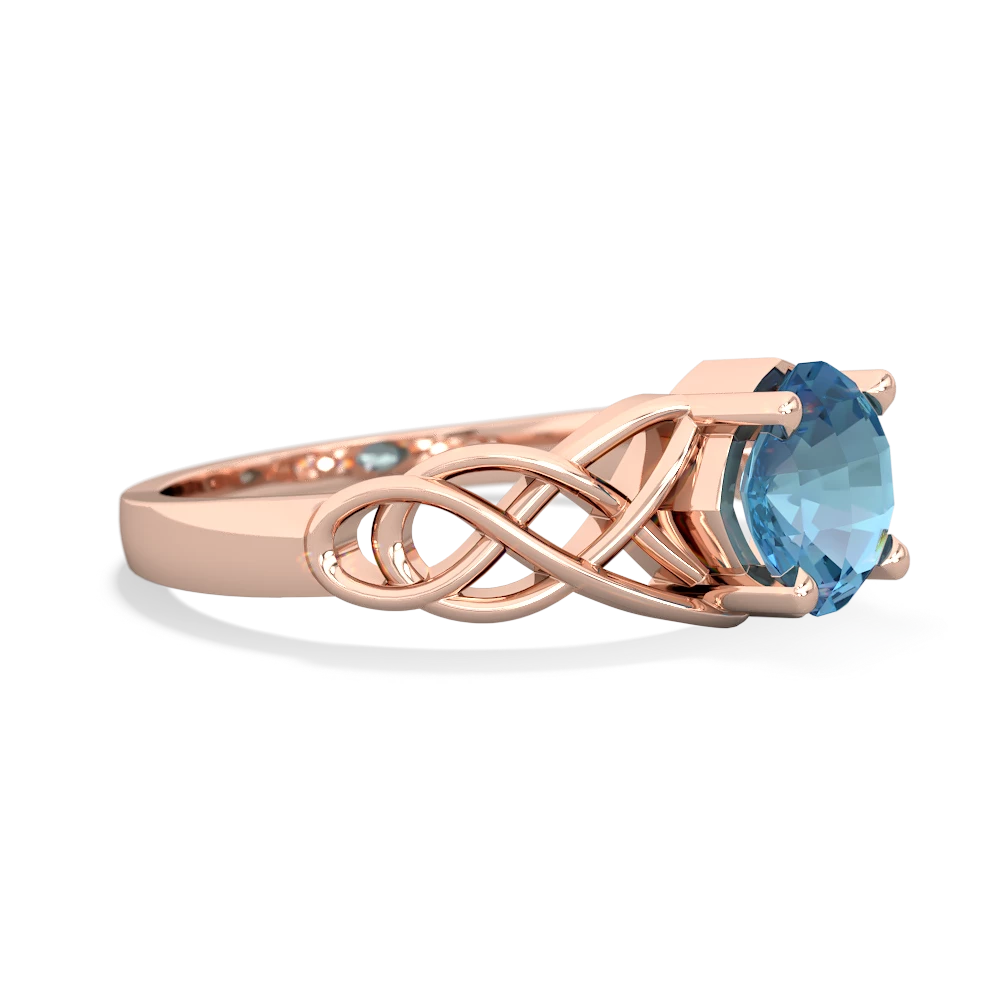 Blue Topaz Checkerboard Cushion Celtic Knot 14K Rose Gold ring R5000