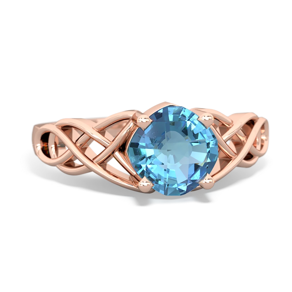 Blue Topaz Checkerboard Cushion Celtic Knot 14K Rose Gold ring R5000