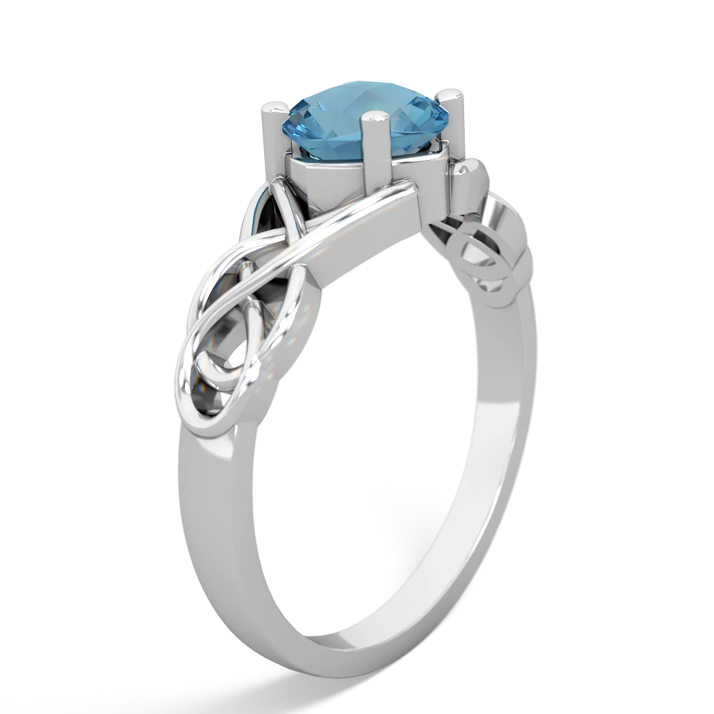 Blue Topaz Checkerboard Cushion Celtic Knot 14K White Gold ring R5000