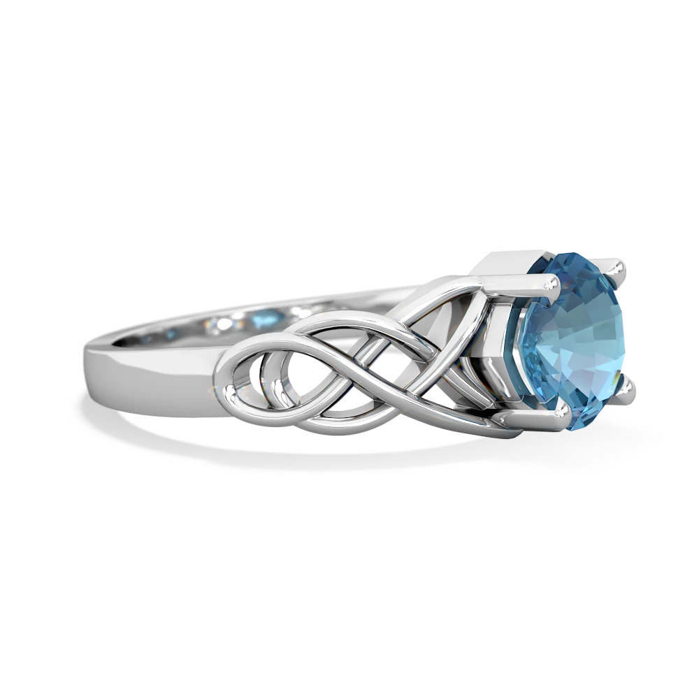 Blue Topaz Checkerboard Cushion Celtic Knot 14K White Gold ring R5000