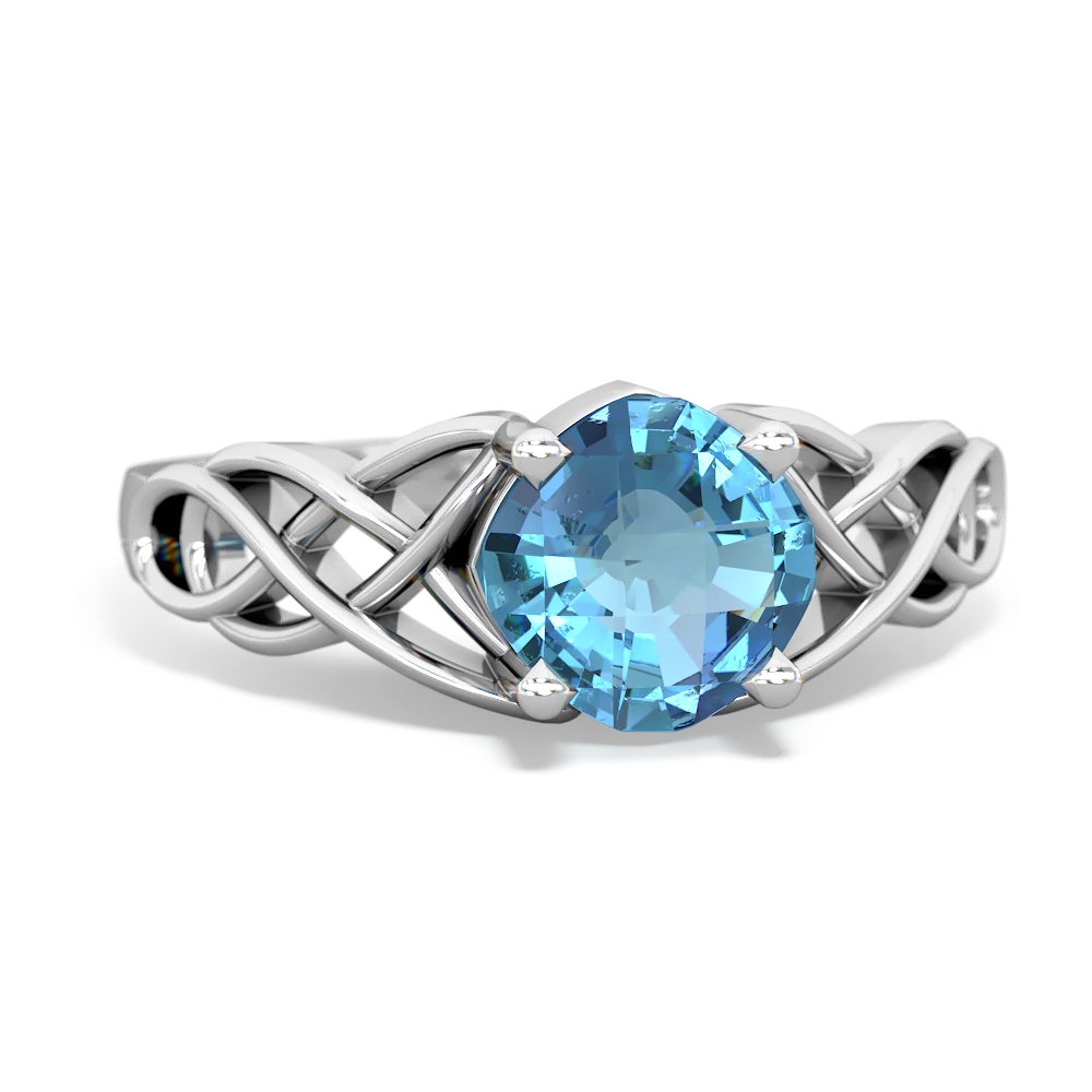 Blue Topaz Checkerboard Cushion Celtic Knot 14K White Gold ring R5000