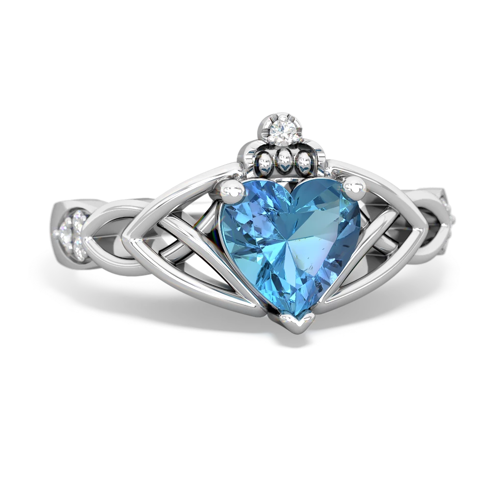 Blue Topaz Claddagh Celtic Knot Diamond 14K White Gold ring R5001