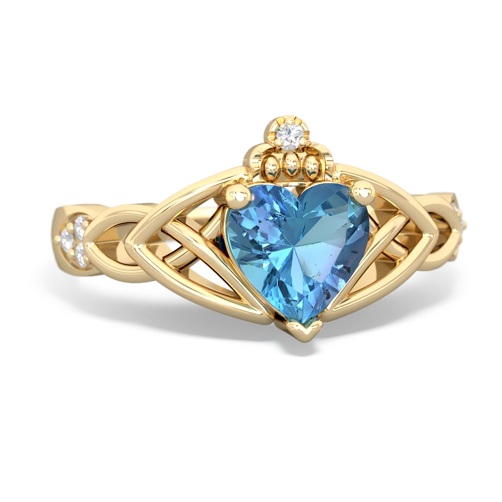 Blue Topaz Claddagh Celtic Knot Diamond 14K Yellow Gold ring R5001