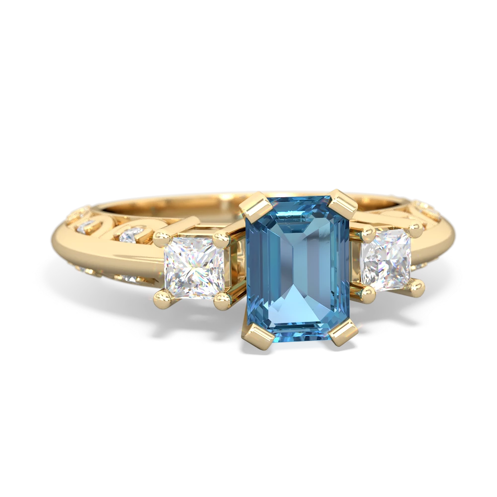 Blue Topaz Art Deco Diamond 7X5 Emerald-Cut Engagement 14K Yellow Gold ring R20017EM