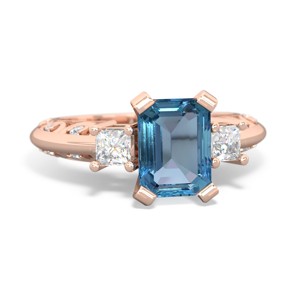 Blue Topaz Art Deco Diamond 8X6 Emerald-Cut Engagement 14K Rose Gold ring R20018EM