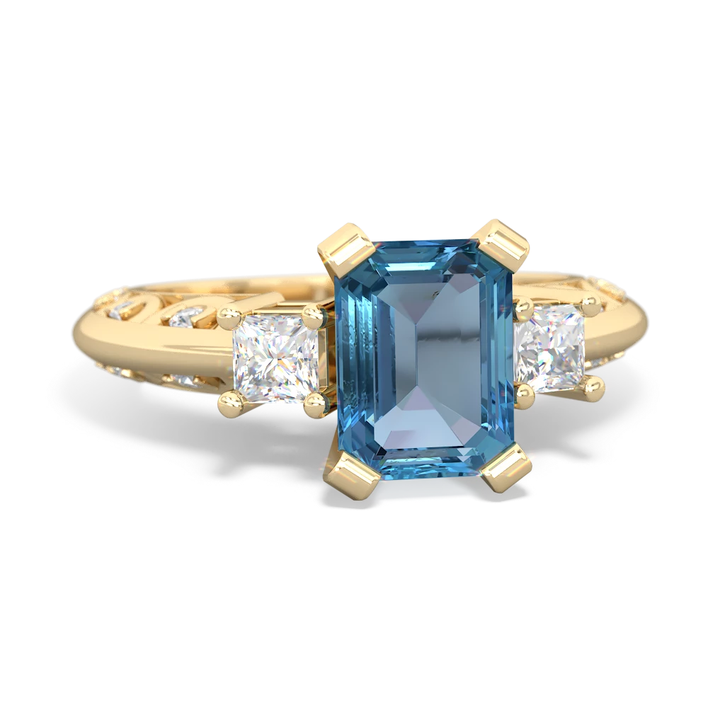 Blue Topaz Art Deco Diamond 8X6 Emerald-Cut Engagement 14K Yellow Gold ring R20018EM