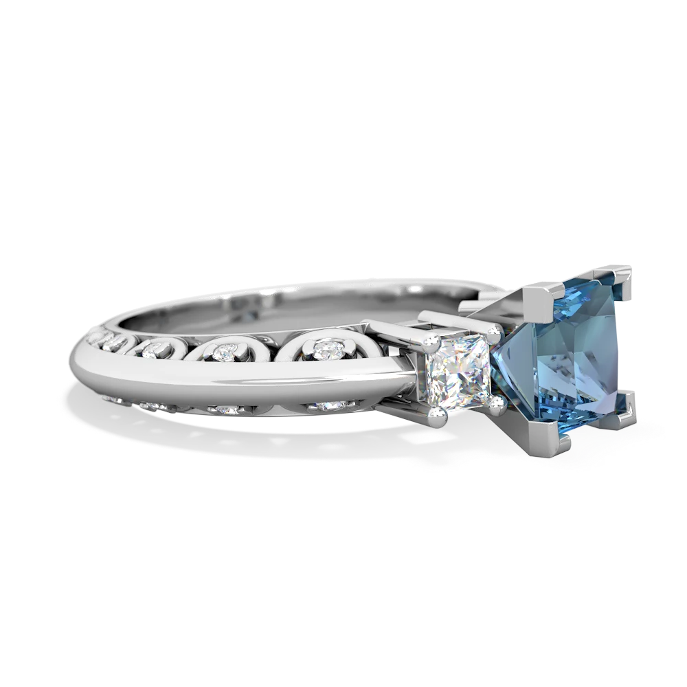 Blue Topaz Art Deco Diamond Engagement 6Mm Princess 14K White Gold ring R2001