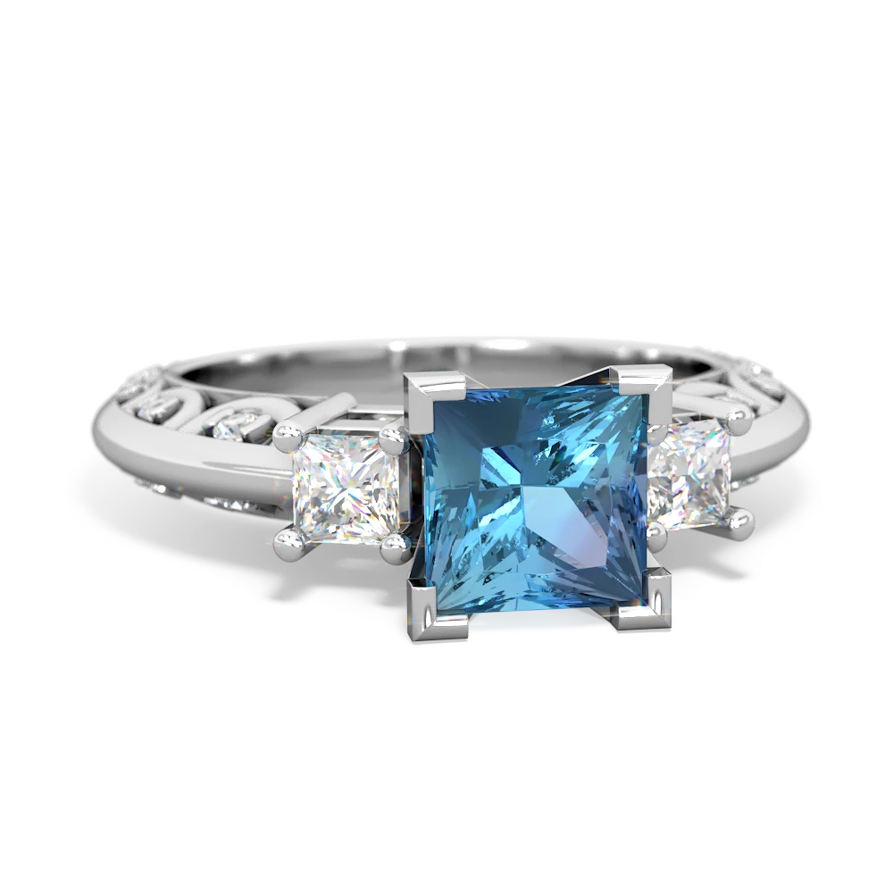 Blue Topaz Art Deco Diamond Engagement 6Mm Princess 14K White Gold ring R2001