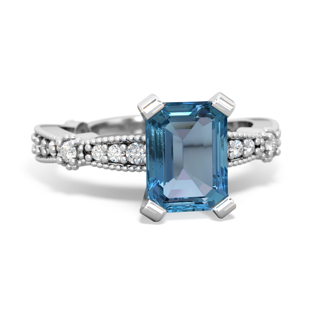 Blue Topaz Sparkling Tiara 8X6 Emerald-Cut 14K White Gold ring R26298EM