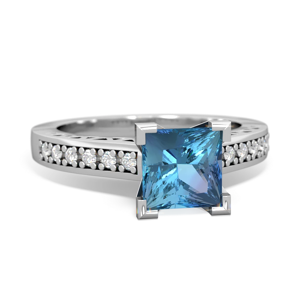 Blue Topaz Art Deco Engagement 6Mm Princess 14K White Gold ring R26356SQ