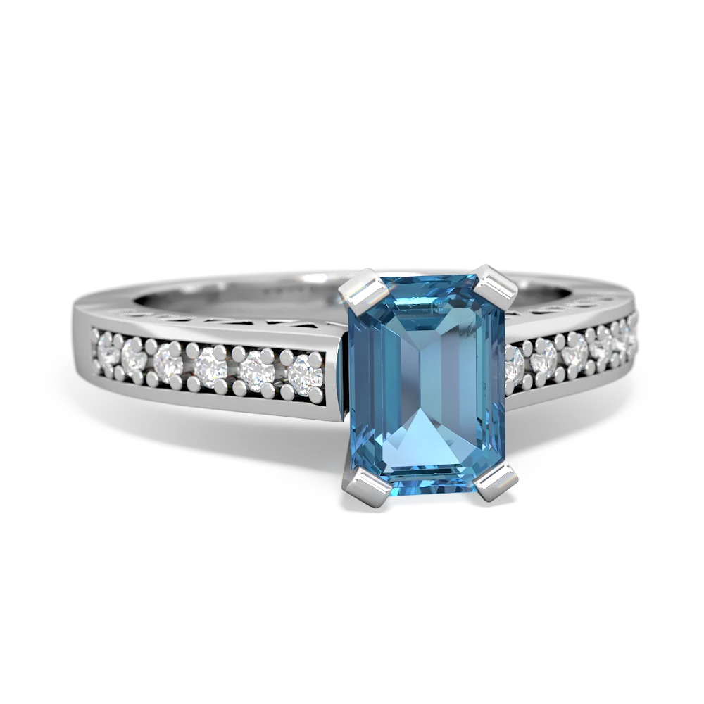 Blue Topaz Art Deco Engagement 7X5mm Emerald-Cut 14K White Gold ring R26357EM