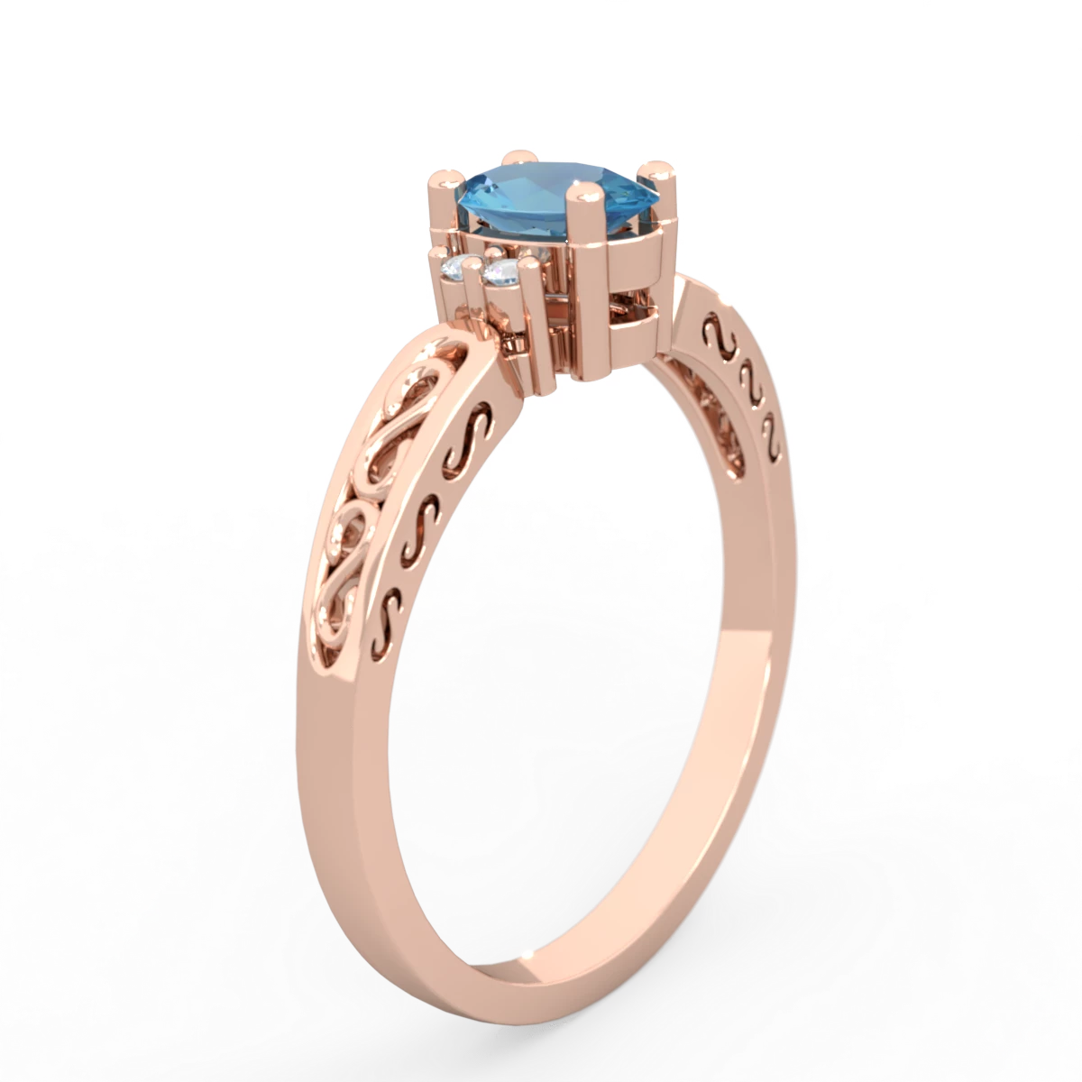Blue Topaz Filligree Scroll Oval 14K Rose Gold ring R0812
