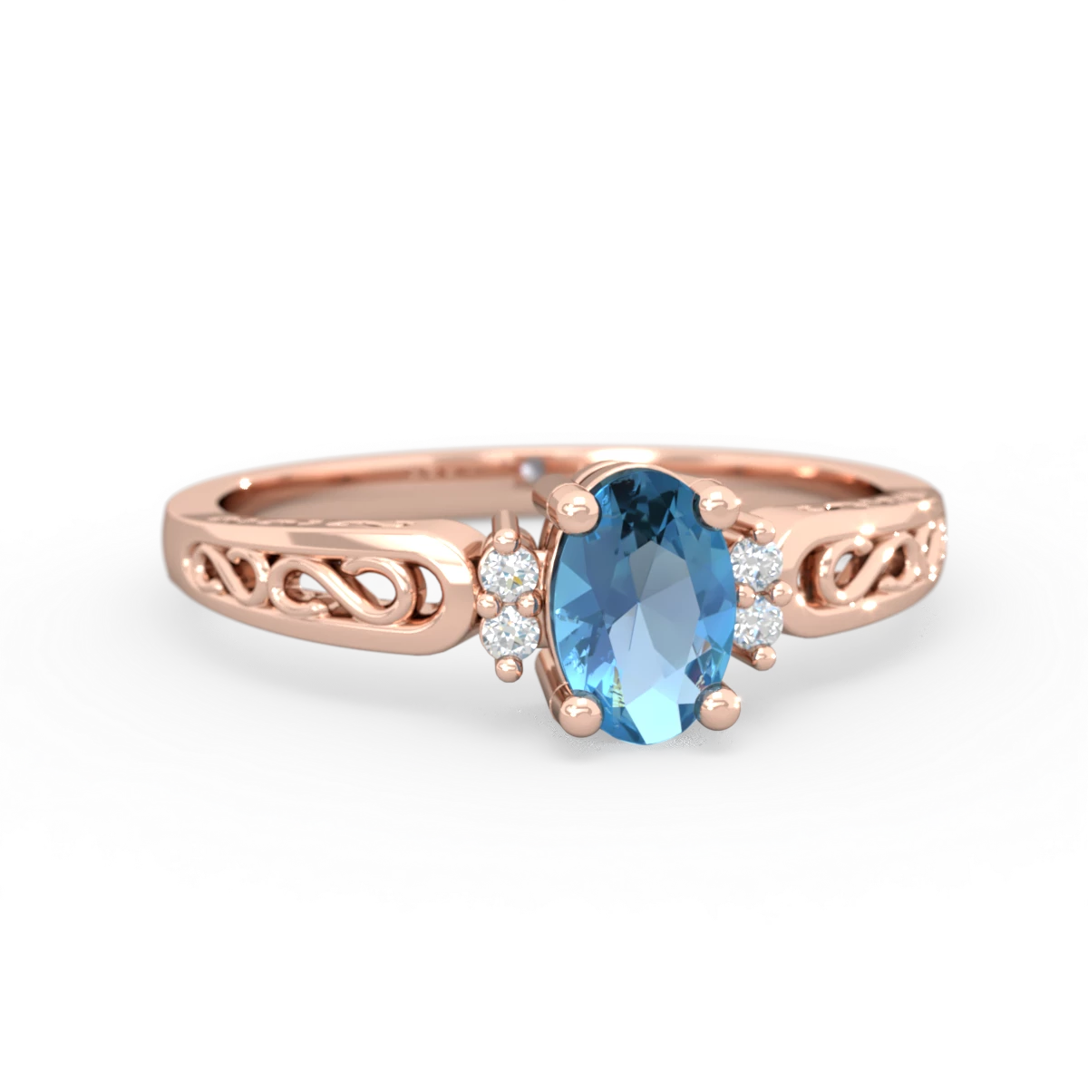 Blue Topaz Filligree Scroll Oval 14K Rose Gold ring R0812