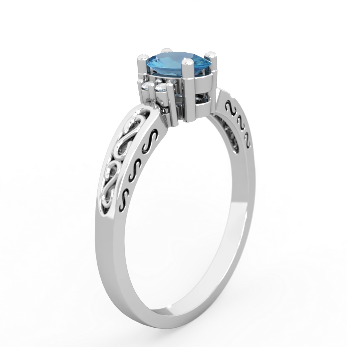 Blue Topaz Filligree Scroll Oval 14K White Gold ring R0812