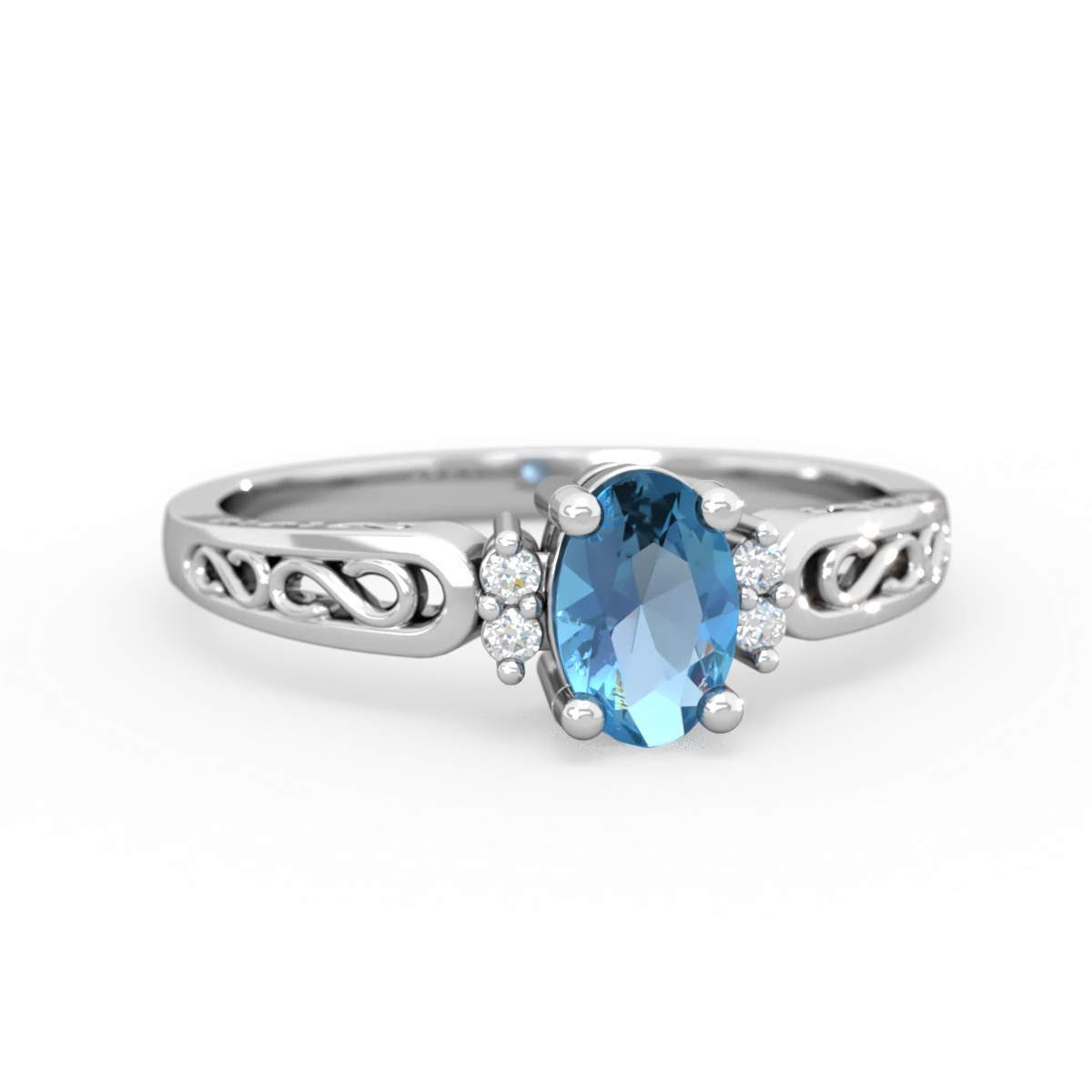 Blue Topaz Filligree Scroll Oval 14K White Gold ring R0812