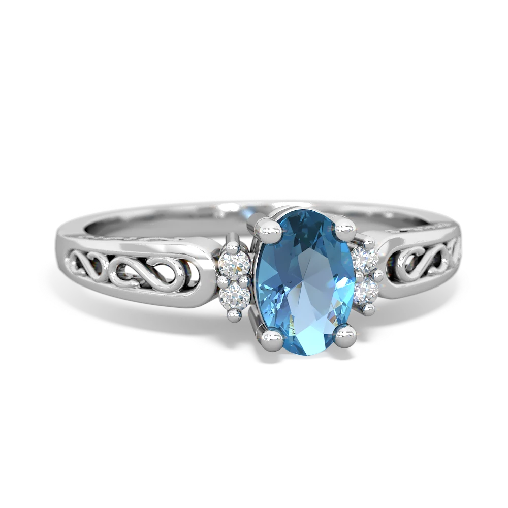 Blue Topaz Filligree Scroll Oval 14K White Gold ring R0812