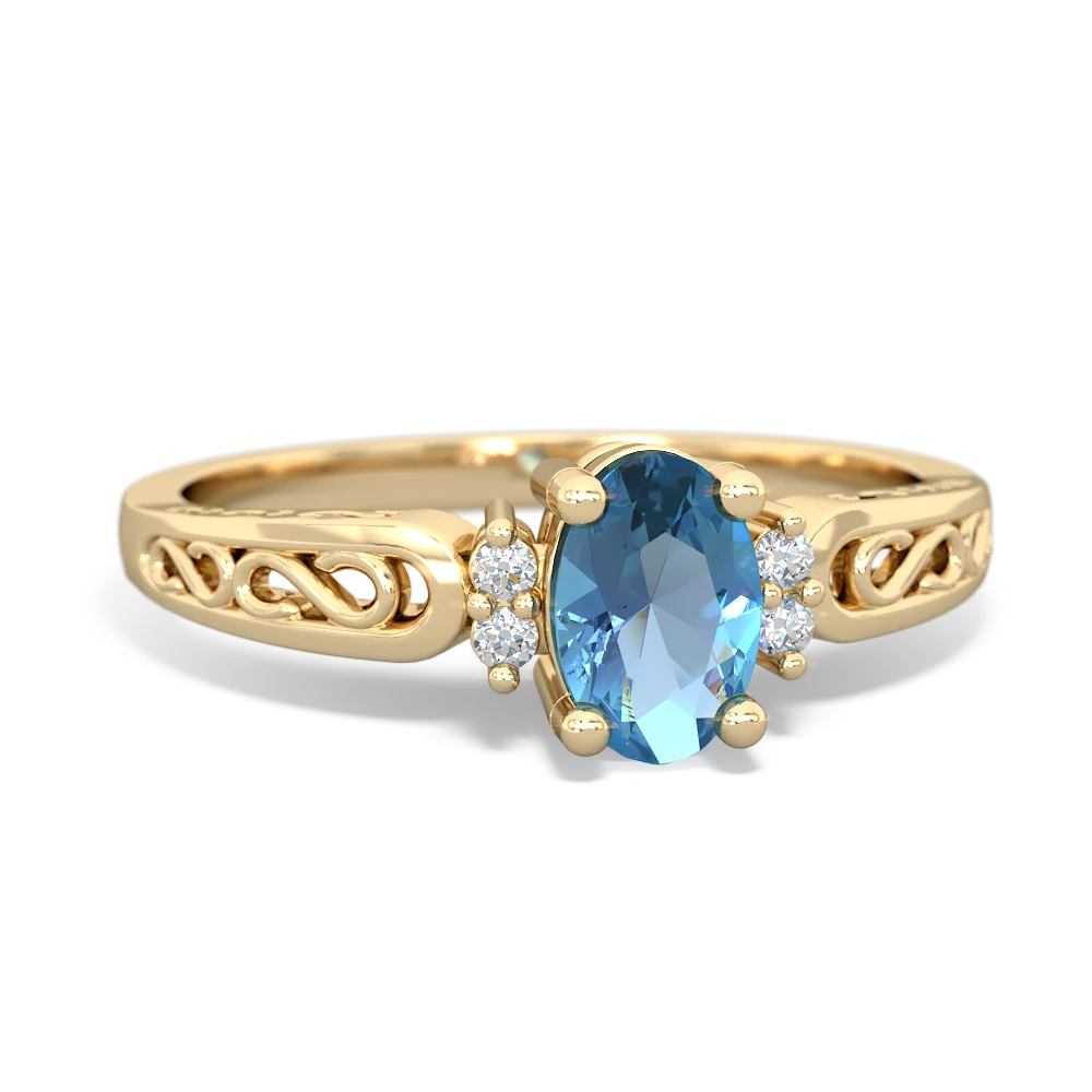 Blue Topaz Filligree Scroll Oval 14K Yellow Gold ring R0812