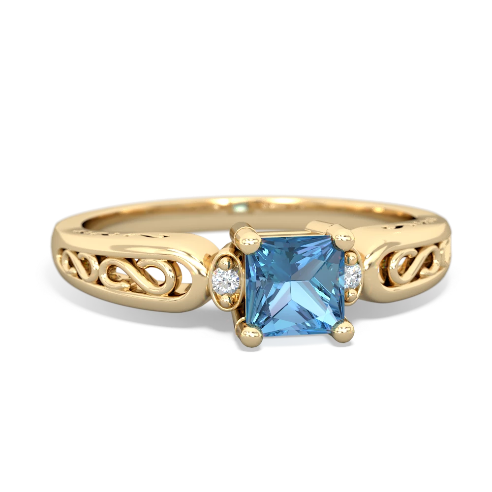 Blue Topaz Filligree Scroll Square 14K Yellow Gold ring R2430