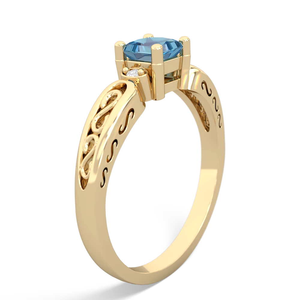 Blue Topaz Filligree Scroll Square 14K Yellow Gold ring R2430