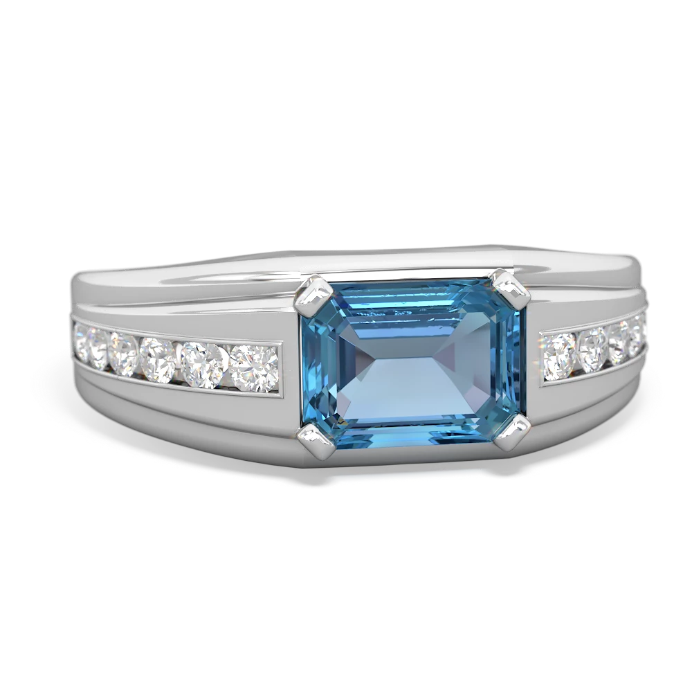 Blue Topaz Men's Diamond Channel 14K White Gold ring R0500