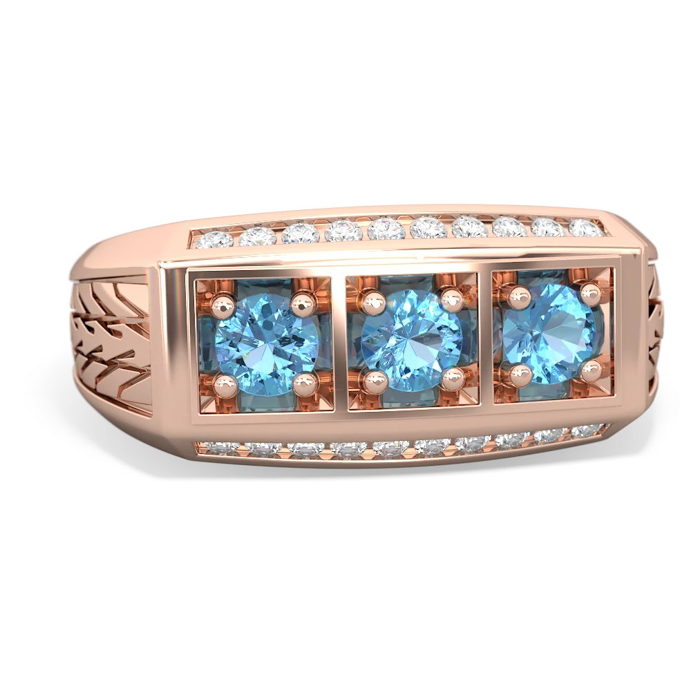 Blue Topaz Three Stone Tire Tread Men's 14K Rose Gold ring R0520